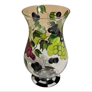 HAND painted grapes and leaves large clear hurricane  vase 11”